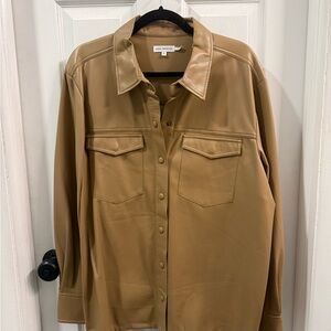 Good American Tan Faux-Leather Button-Front Shirt